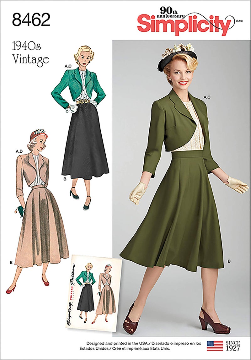 البساطة US8462H5 1940's بلوزة نسائية كلاسيكية بوليرو وتنورة أنماط الخياطة مقاسات 6-14